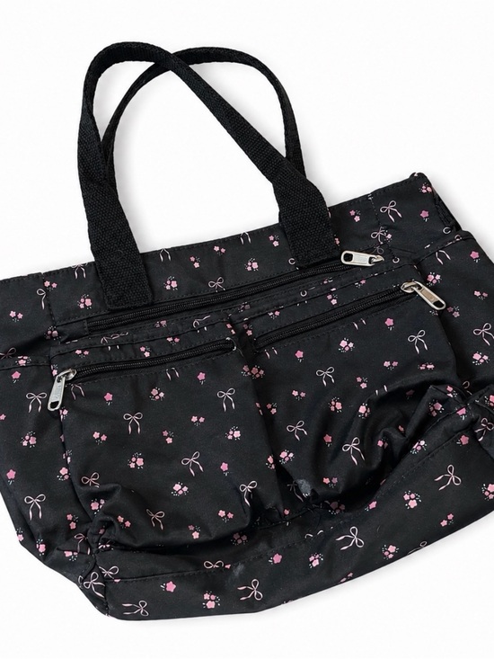 Handbags - Women's Black Tote Bag with Pink Floral & Bow Print